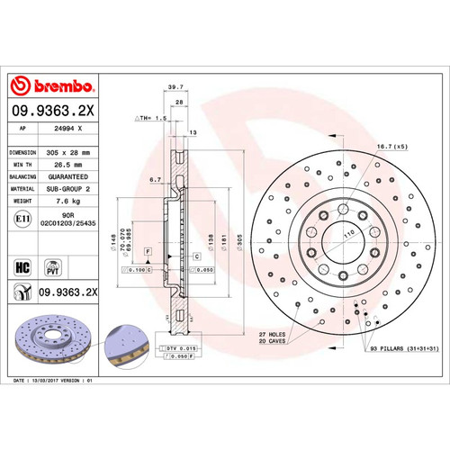 Brembo OE UV Coated Brake Rotor for Dodge Dart 2013-2015 & Chrysler 200