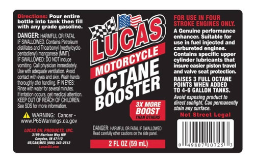 Lucas Oil Motorcycle Octane Booster 2 Oz Fuel Additive Performance Enhancer