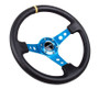 NRG 350mm Leather Steering Wheel Reinforced Blue Circle Cutouts Deep Dish