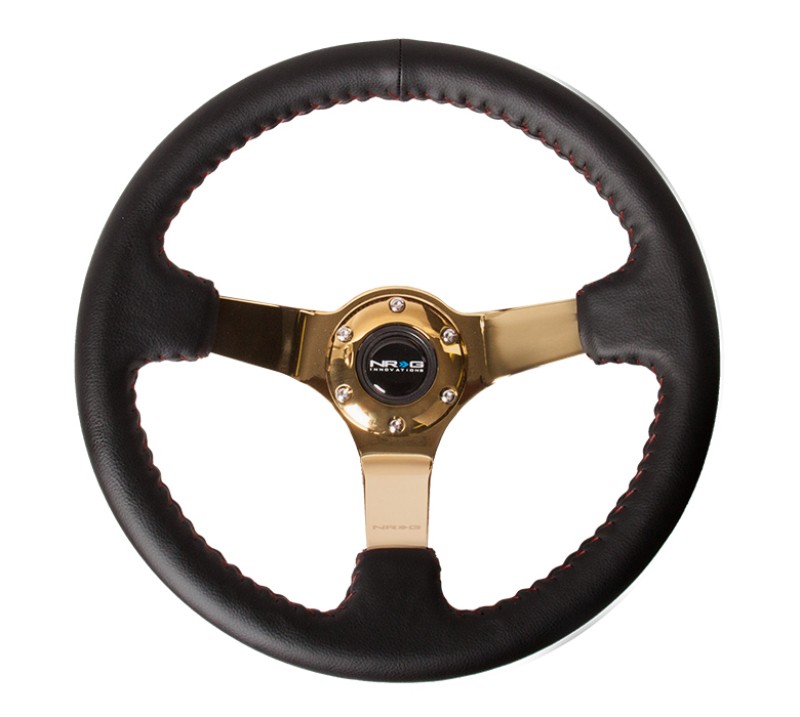 NRG 350mm Leather Steering Wheel Red Ball Stitch Gold Spokes