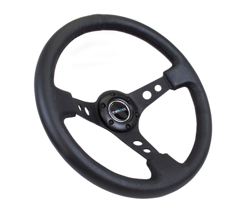 NRG 350mm Steering Wheel Black Leather Reinforced Black Spokes Circle Cutouts