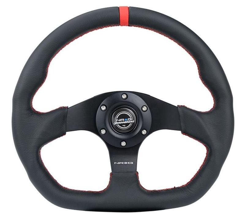 NRG 320mm Reinforce Sport Leather Flat Bottom Steering Wheel Red Stitch Red Mark