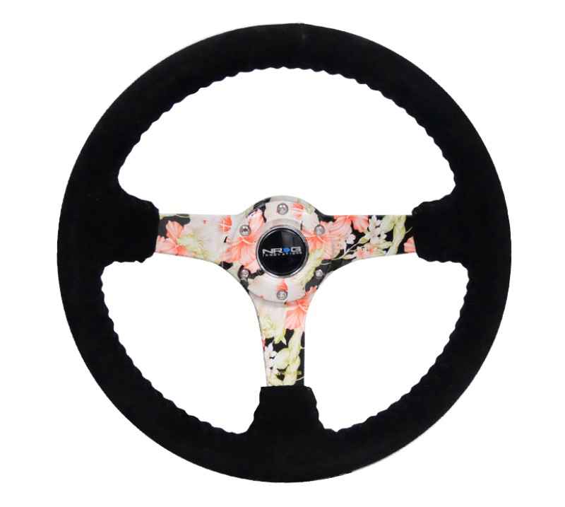 NRG 350mm Black Suede Floral Dipped Steering Wheel Black Baseball Stitch