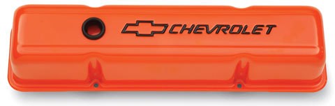 Proform SBC Tall Valve Covers with Baffle Breather Hole Orange Powder Coat