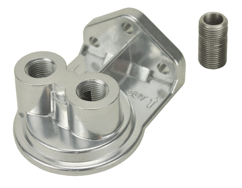 Derale Universal Oil Filter Mount Polished Aluminum 3/4-16 Thread 1/4" NPT Ports