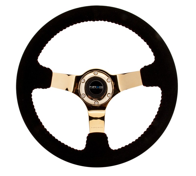 NRG 350mm Suede Steering Wheel Red Stitch Gold 3-Spoke