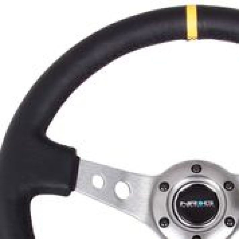 NRG Universal 350mm Leather Steering Wheel Reinforced Gunmetal Spoke Yellow Mark