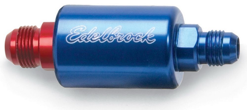 Edelbrock Universal High Flow Inline Fuel Filter 40 Micron Blue/Red Aluminum 6AN