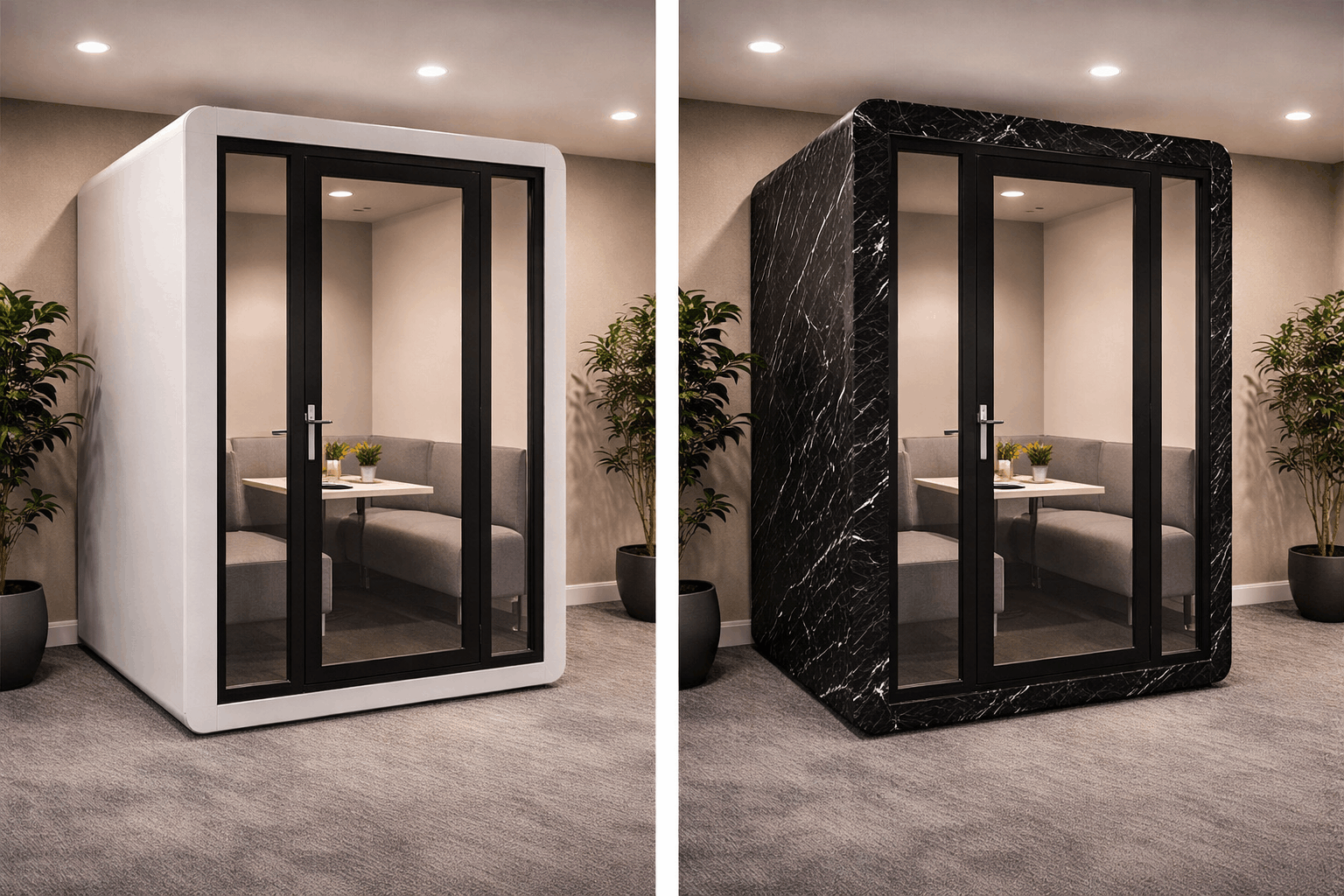 Office meeting pod with its exterior panels wrapped in architectural film
