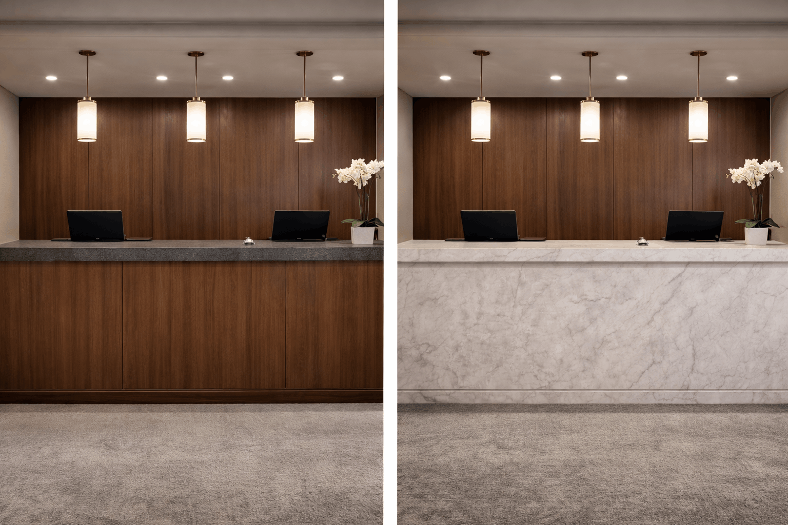 Reception counter resurfaced with architectural film