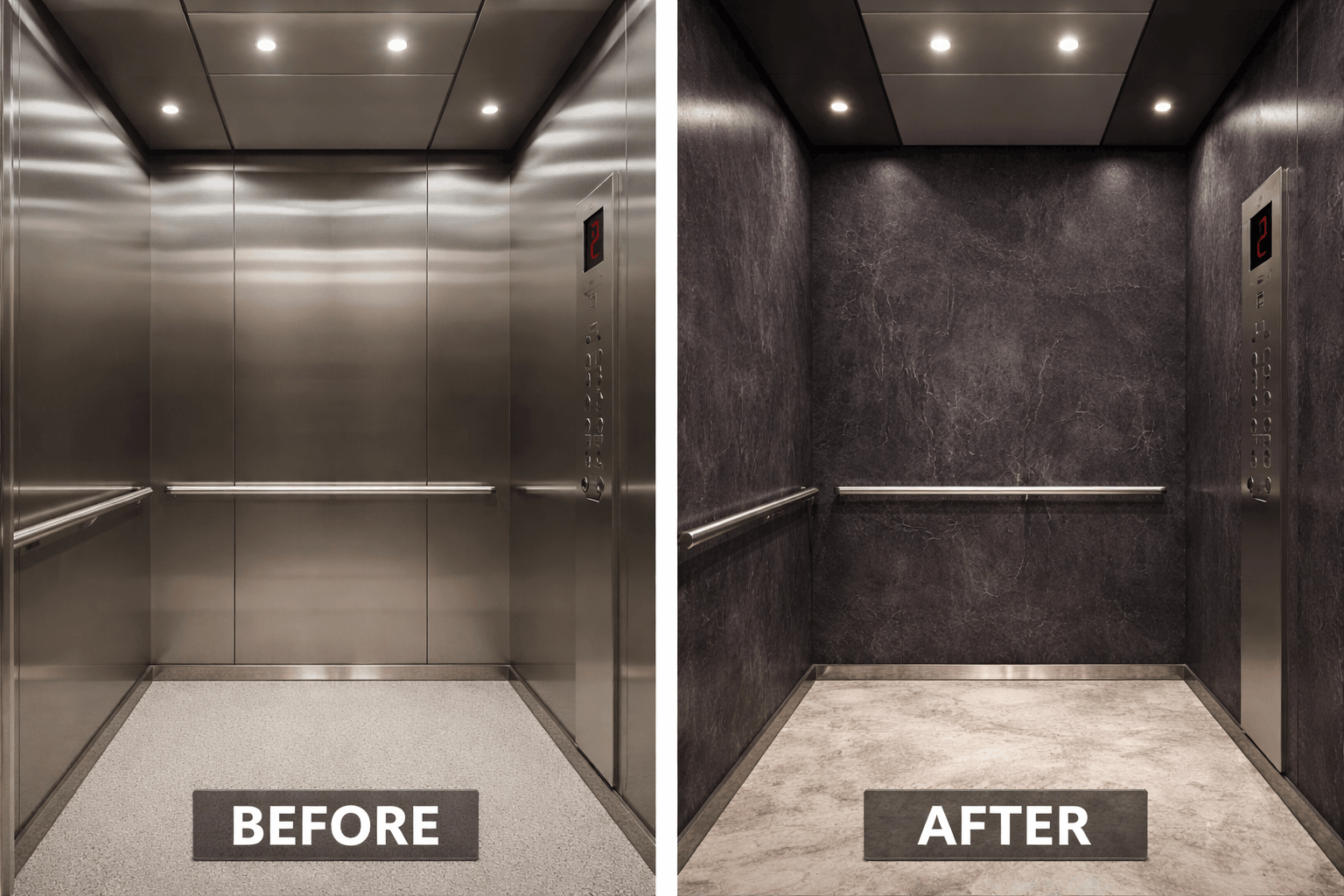 Lift entrance surround panels wrapped in architectural film