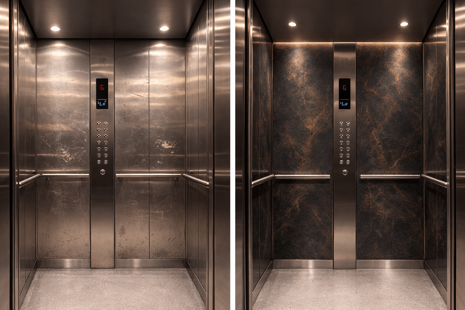 Inside a lift car with the wall panels wrapped in architectural film