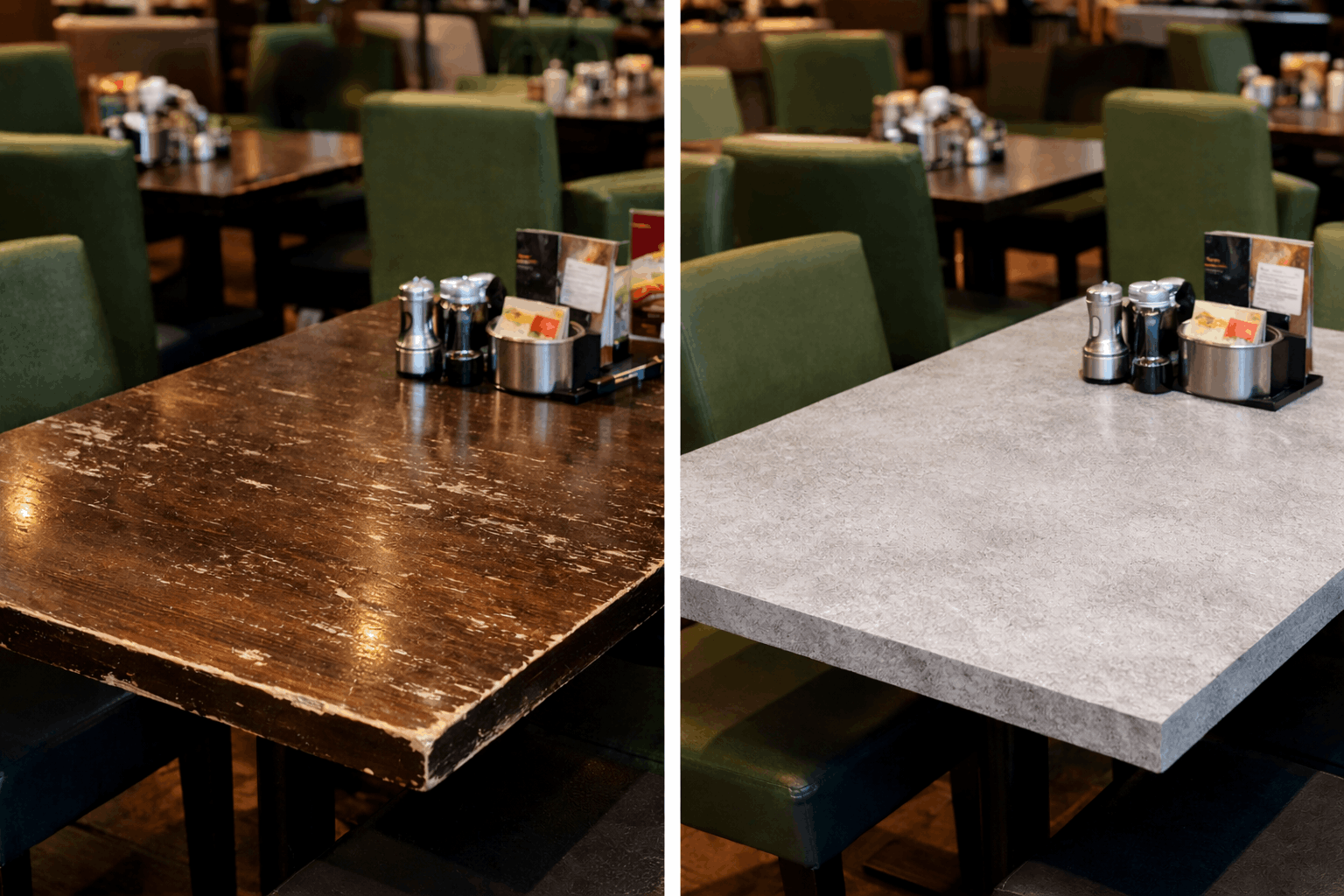 Table surfaces refinished with architectural film