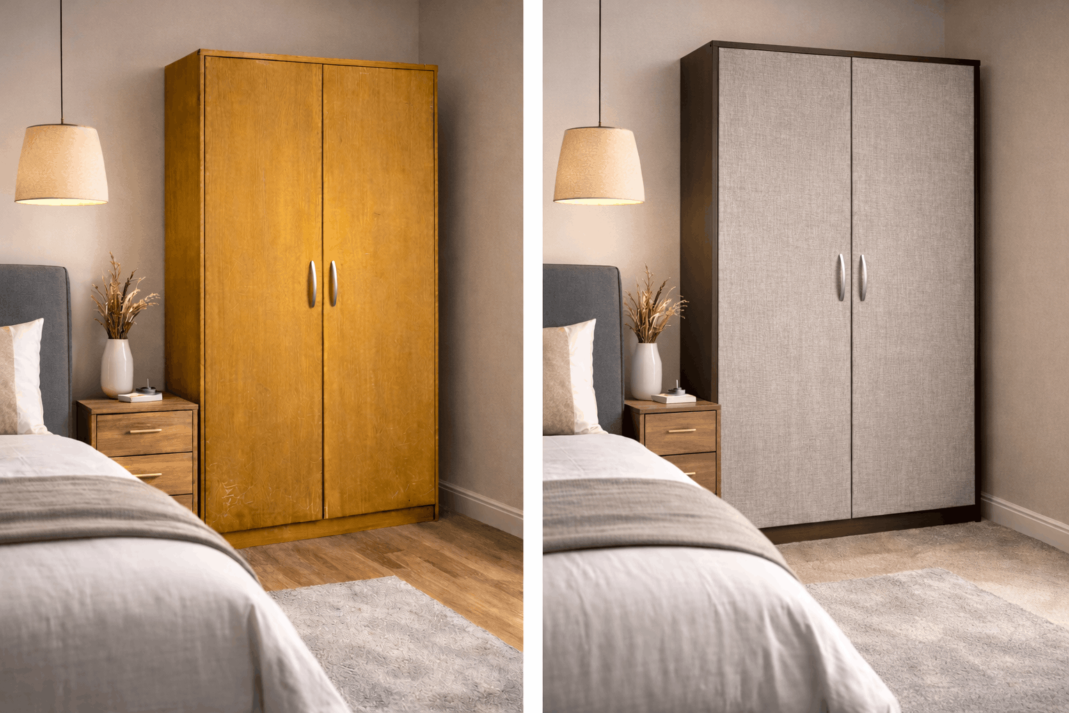 Fitted wardrobe doors wrapped in wood-effect architectural film
