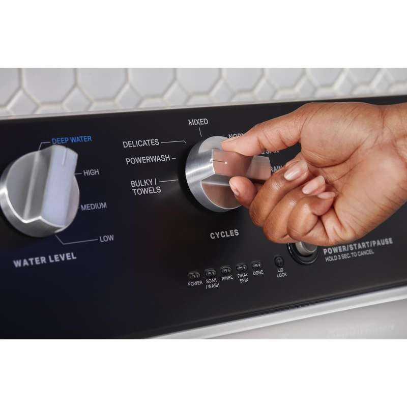 Maytag washing machine control panel with cycle options like Towels, Delicate, Sanitize, and Bulk selected