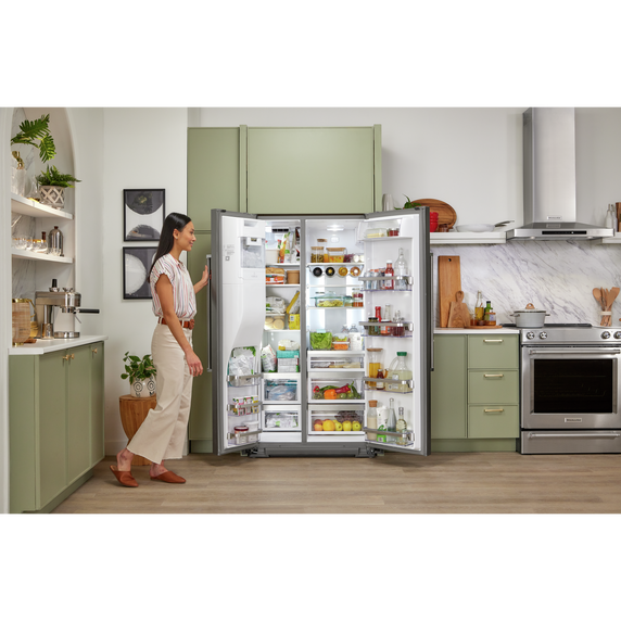 Kitchenaid® 24.8 cu ft. Side-by-Side Refrigerator with Exterior Ice and Water and PrintShield™ finish KRSF705HPS