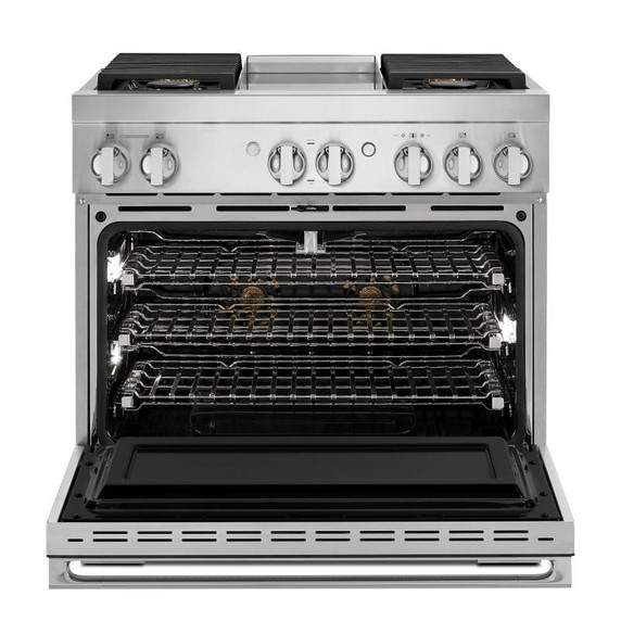 Jennair® 36" NOIR™ Dual-Fuel Professional-Style Range with Chrome-Infused Griddle and Steam Assist JDSP536HM