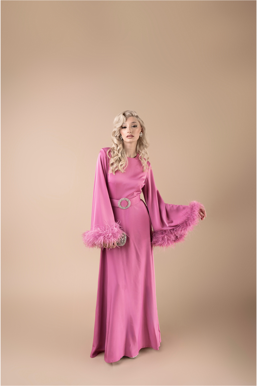 Amira (Pink) - Satin Dress w/Feather Cuffs & Rhinestones