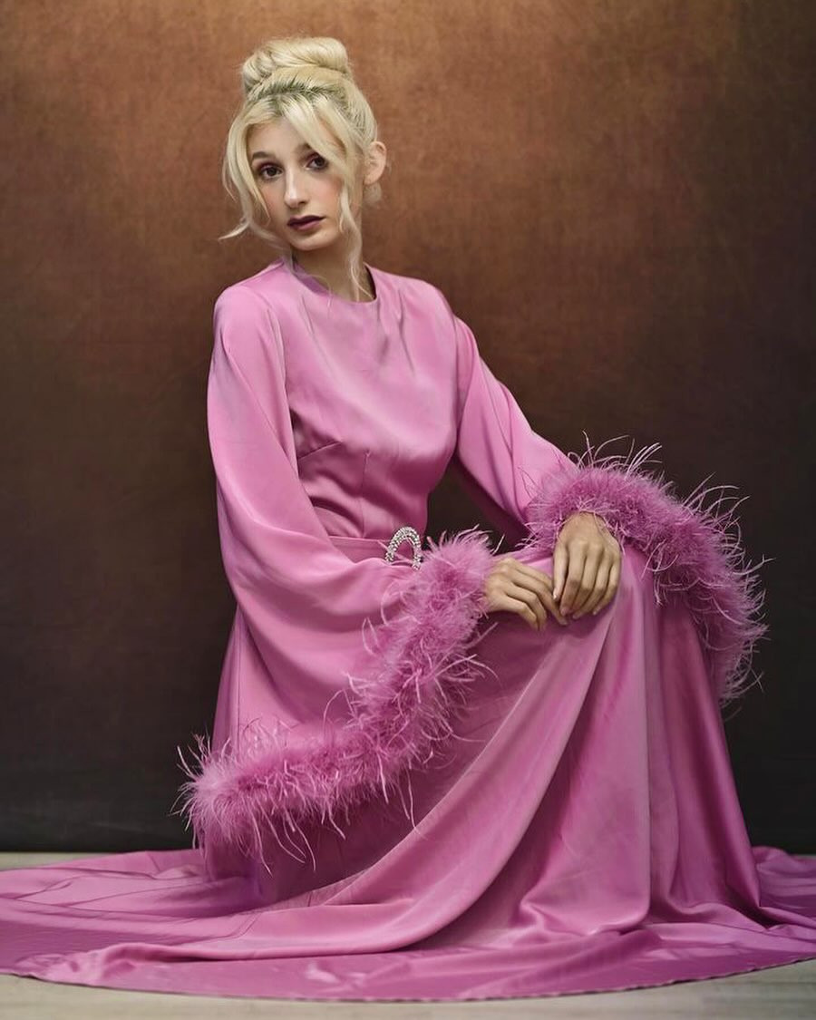 pink satin dress with feathers Tamar Silk Feather Dress Lev Couture