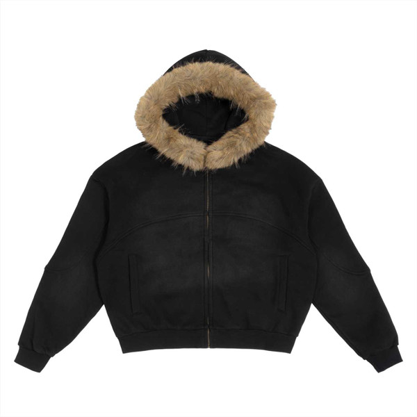 Sun Fade Boxy Detachable Fur Hoodie #XIfc