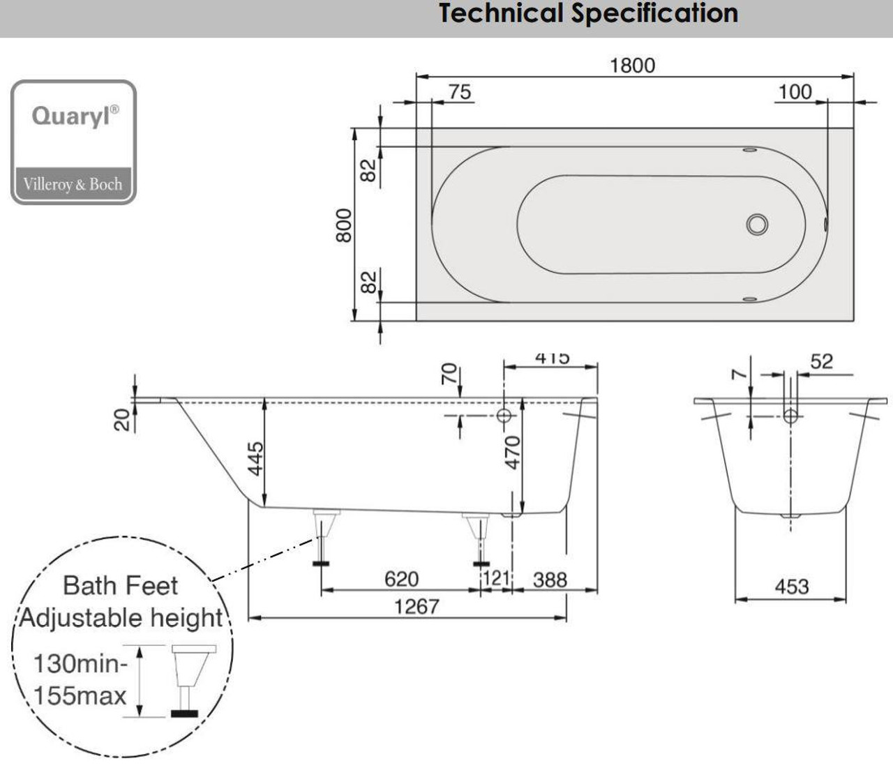 Villeroy and Boch Oberon Rectangle Bath W/ Chrome Waste O/Flo Combo 1800 X 800 BQ180OBE2VB