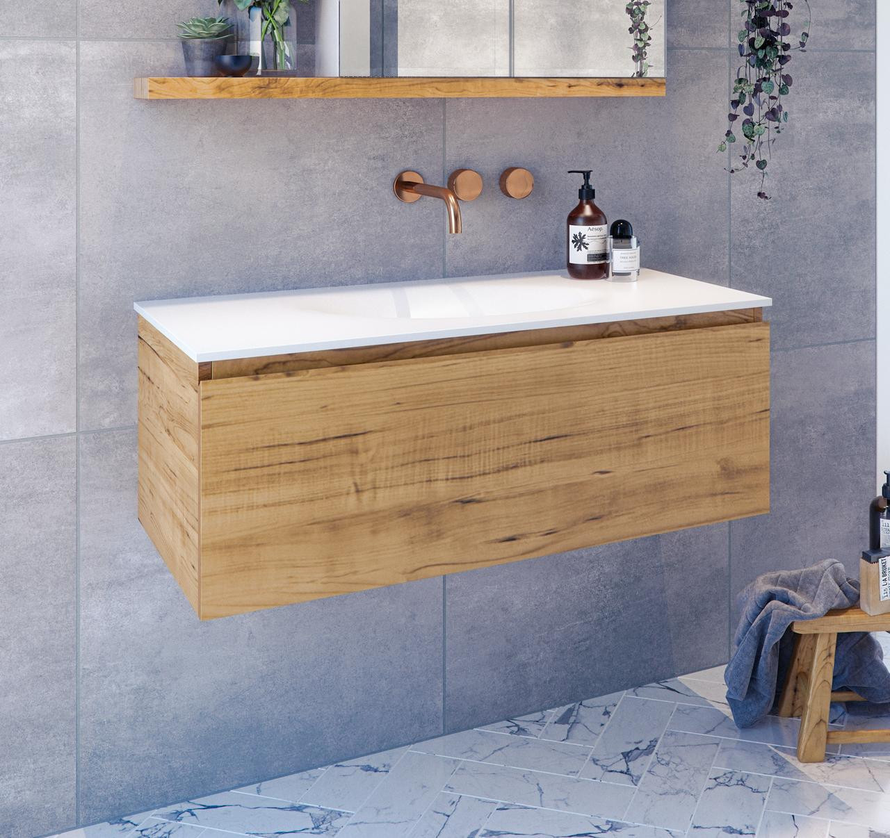 Rifco Genesis Solid Timber 900 All Draw Wallhung Vanity With Solid Timber Top Includes Basin GN9TSB