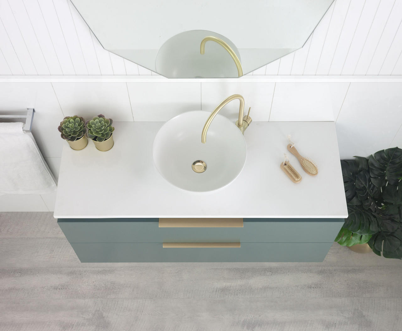 Marquis Riviera 8S 1200mm Wall Mounted Vanity with Symphony Top Liso Matte White Basin and Brushed Brass Top Pull Handle RV0812WSA