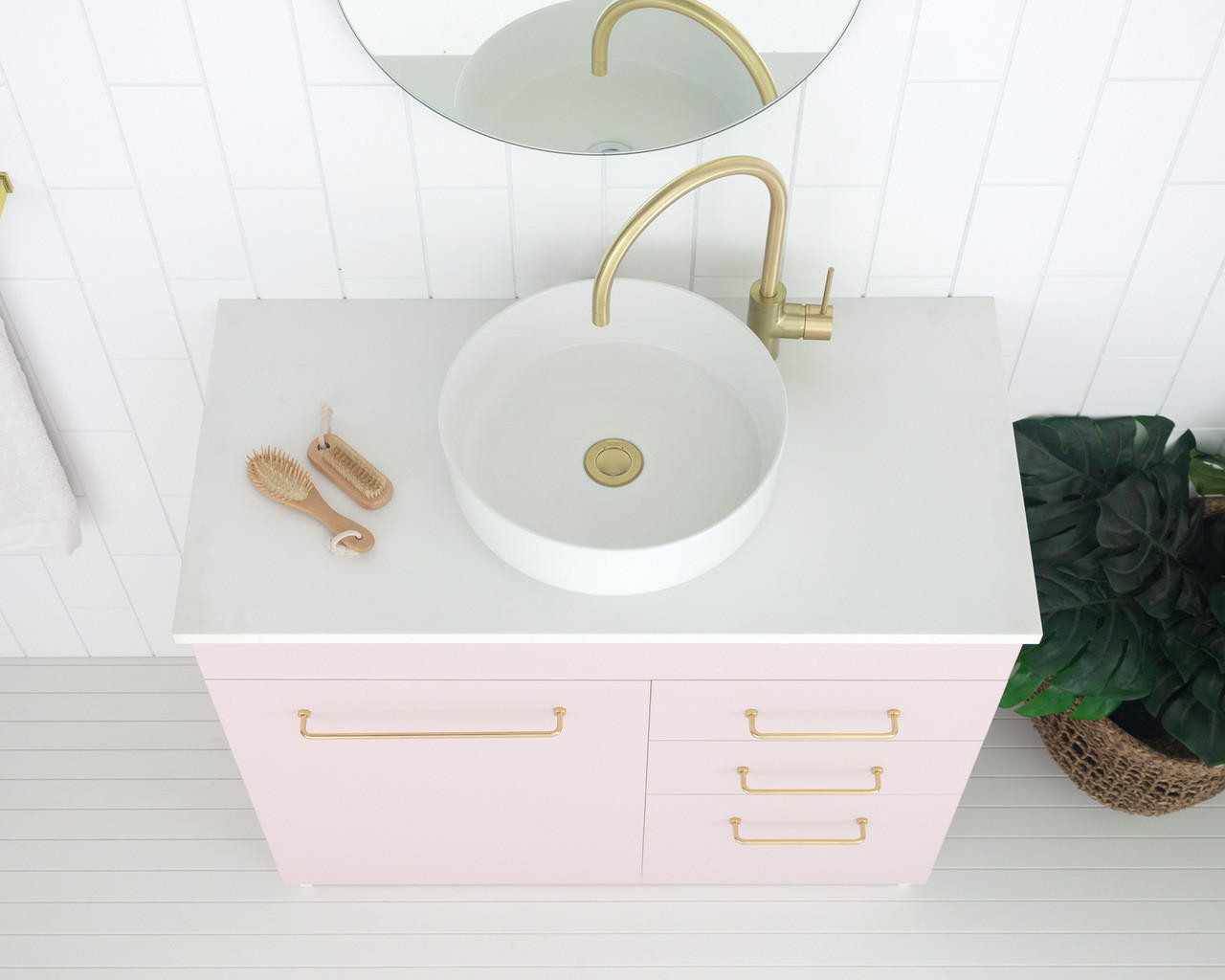 Marquis Mariner Compact 2 750mm Wall Mounted Vanity with Symphany Top Piccolo Under Counter Basin Brush Brass Handles MAC275WSU