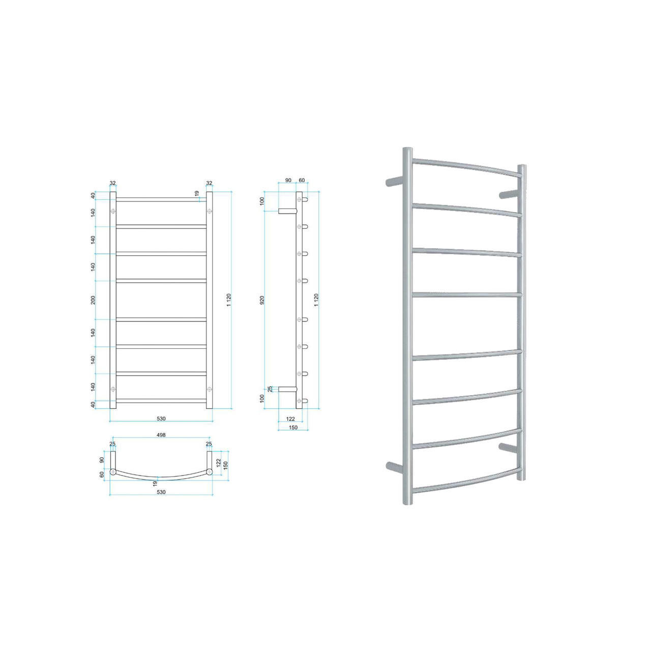 Thermorail Curved Round Ladder Heated Towel Rail Polished Stainless Steel CR27M