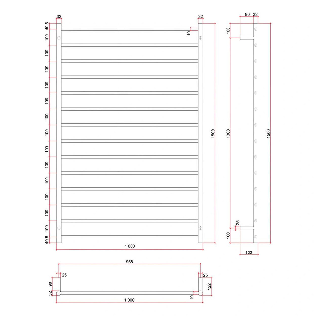 Thermorail Polished Heated Towel Rail - 1000x1500mm 14 Bar   Thermorail Polished Heated Towel Rail - 1000x1500mm 14 Bar