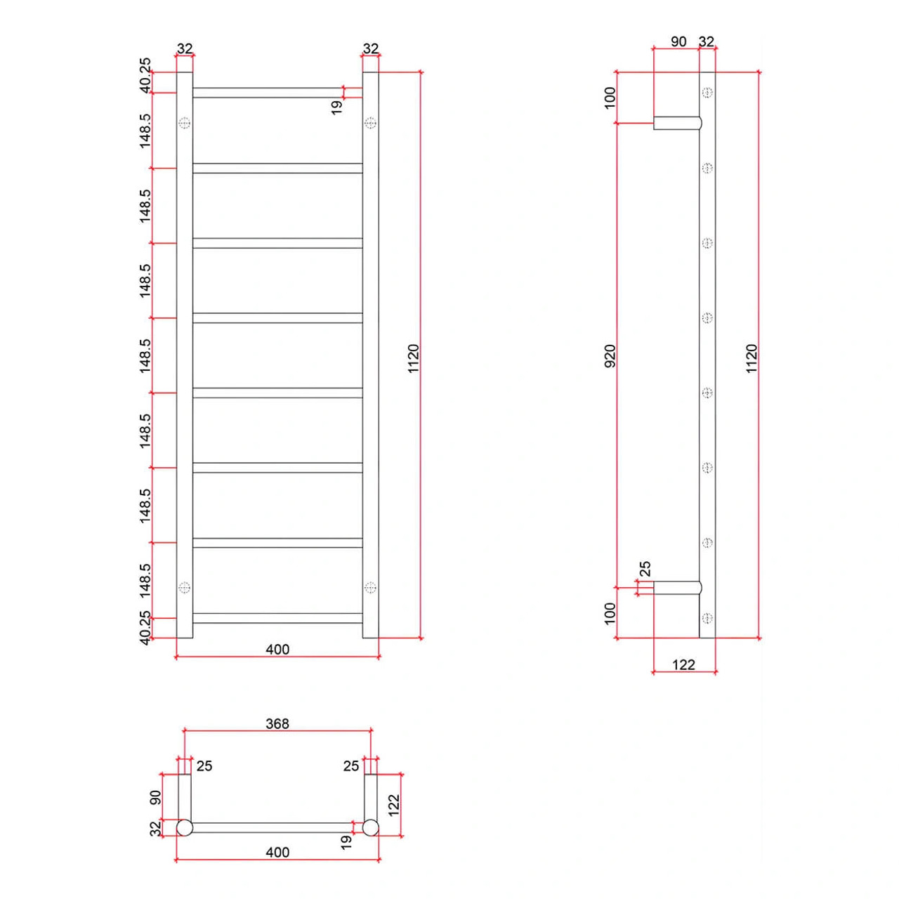 thermorail 400x1120 heated towel rail 8 bar polished ladder