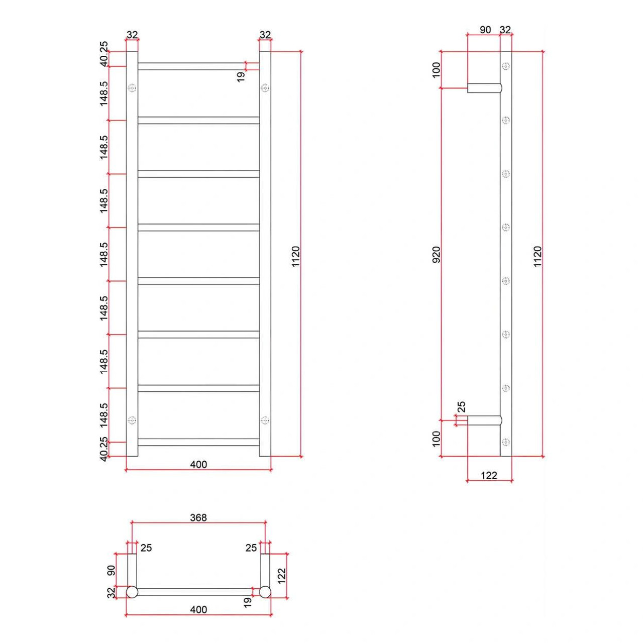 Thermorail 400x1120 Heated Towel Rail - 8 Bar Polished Ladder   Thermorail 400x1120 Heated Towel Rail - 8 Bar Polished Ladder