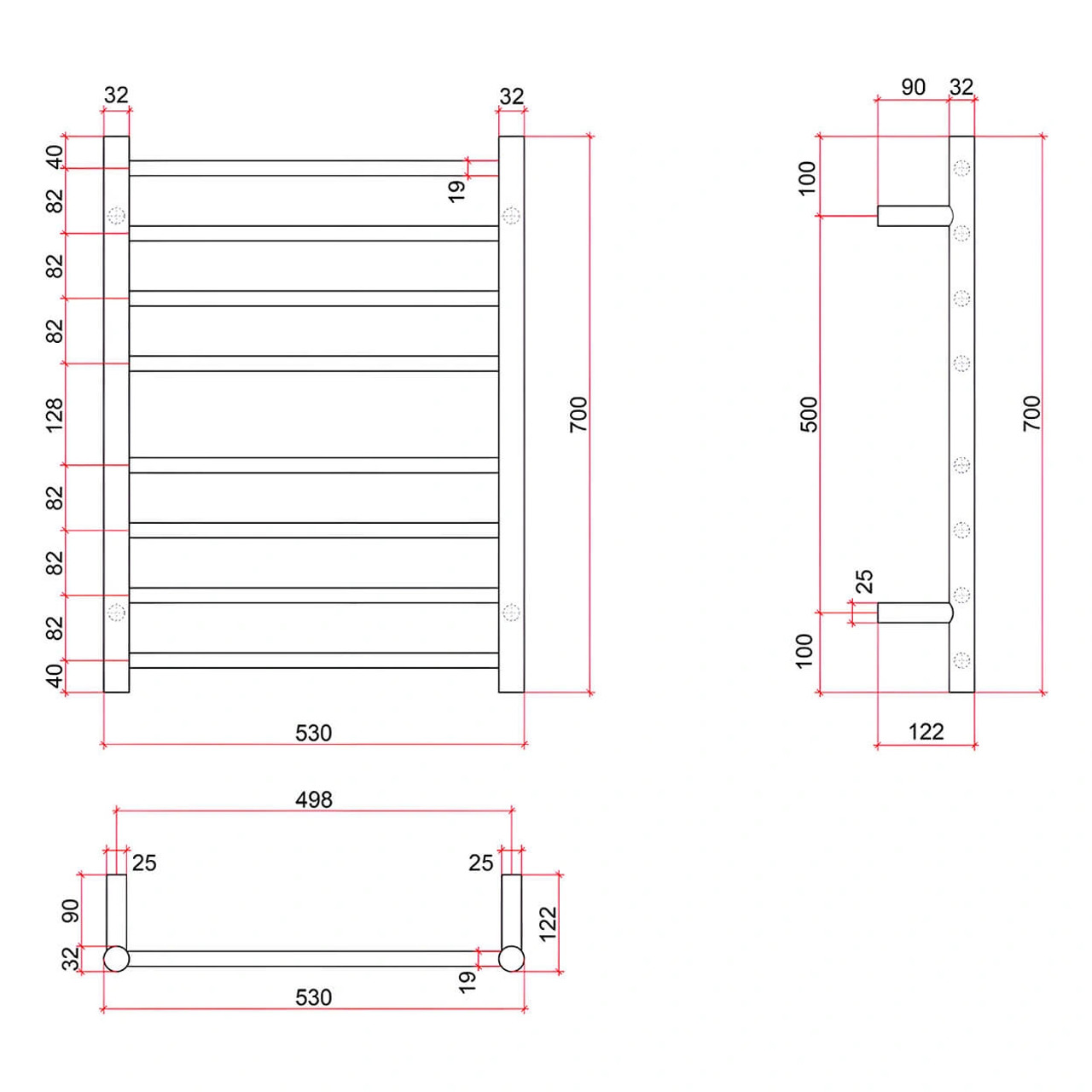 thermorail heated towel rail 530x700mm polished 8 bar