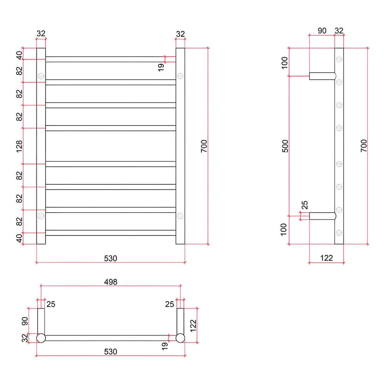 Thermorail Heated Towel Rail - 530x700mm Polished 8 Bar   Thermorail Heated Towel Rail - 530x700mm Polished 8 Bar
