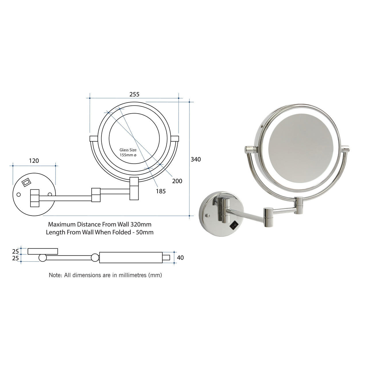 Ablaze Lit 1 & 5x Magnifying Mirror Chrome Plated L155CSMC