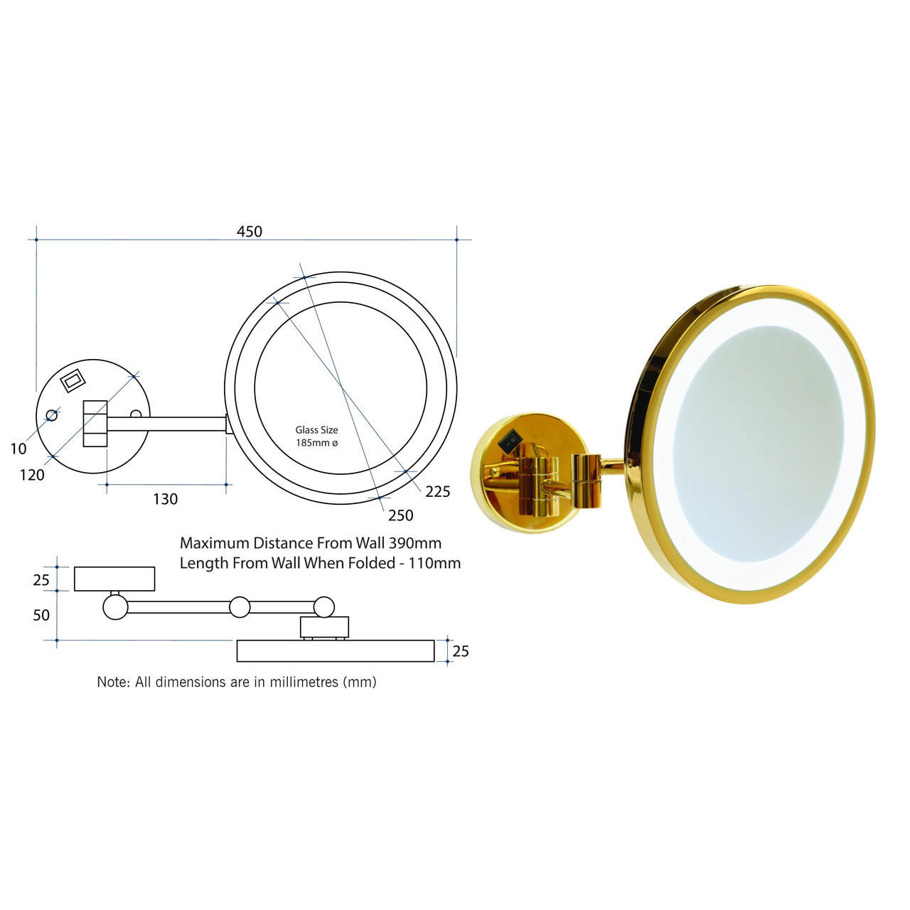 Ablaze Lit 3x Magnifying Mirror Polished Gold L252GSMC