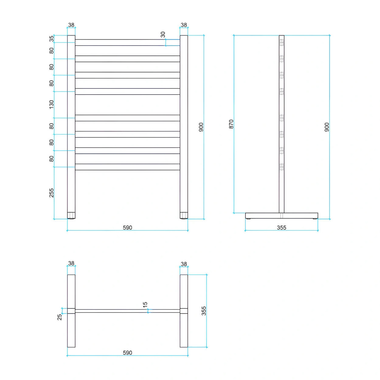 thermorail 590x900 heated towel rail freestanding polished 8-bar