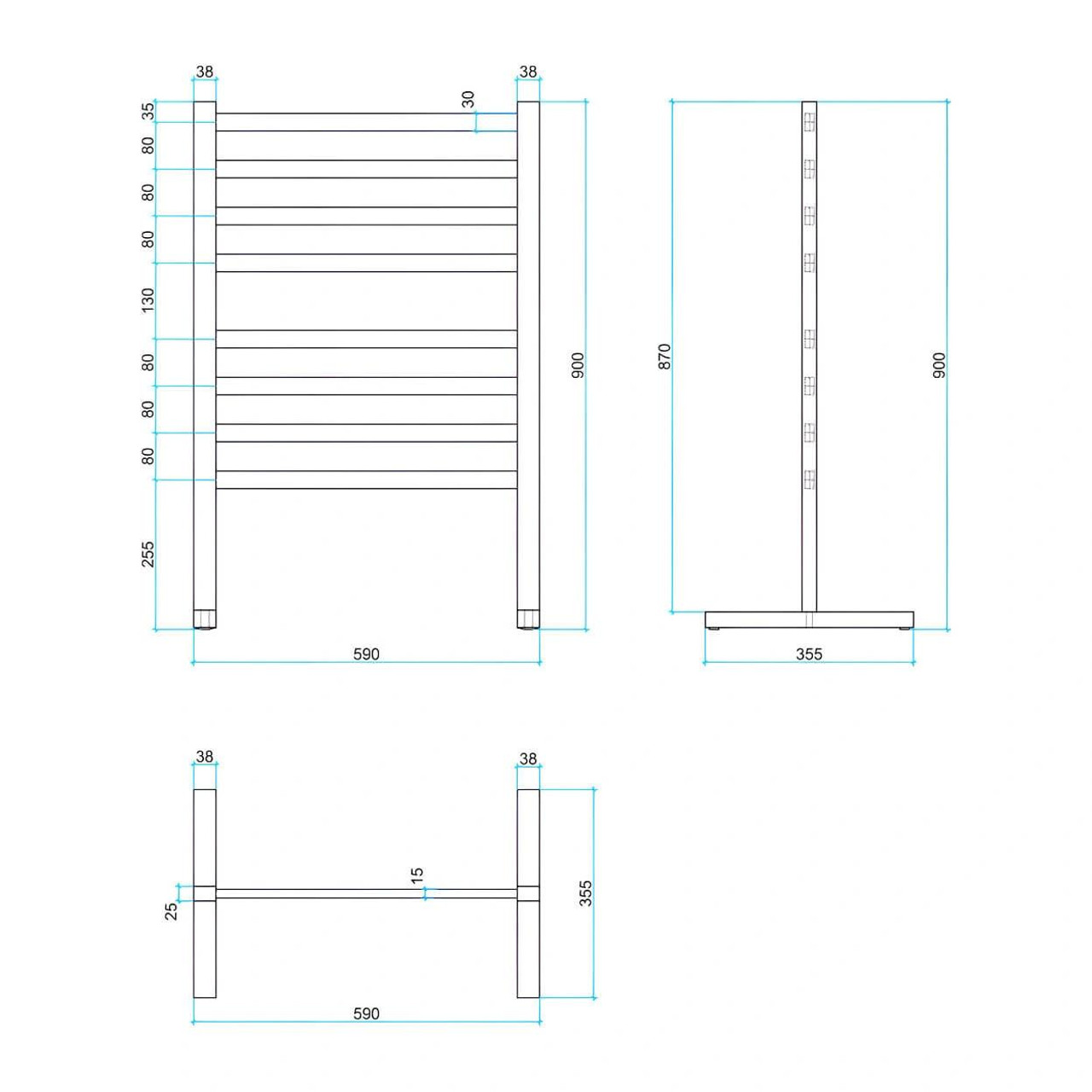 Thermorail 590x900 Heated Towel Rail - Freestanding Polished 8-Bar   Thermorail 590x900 Heated Towel Rail - Freestanding Polished 8-Bar