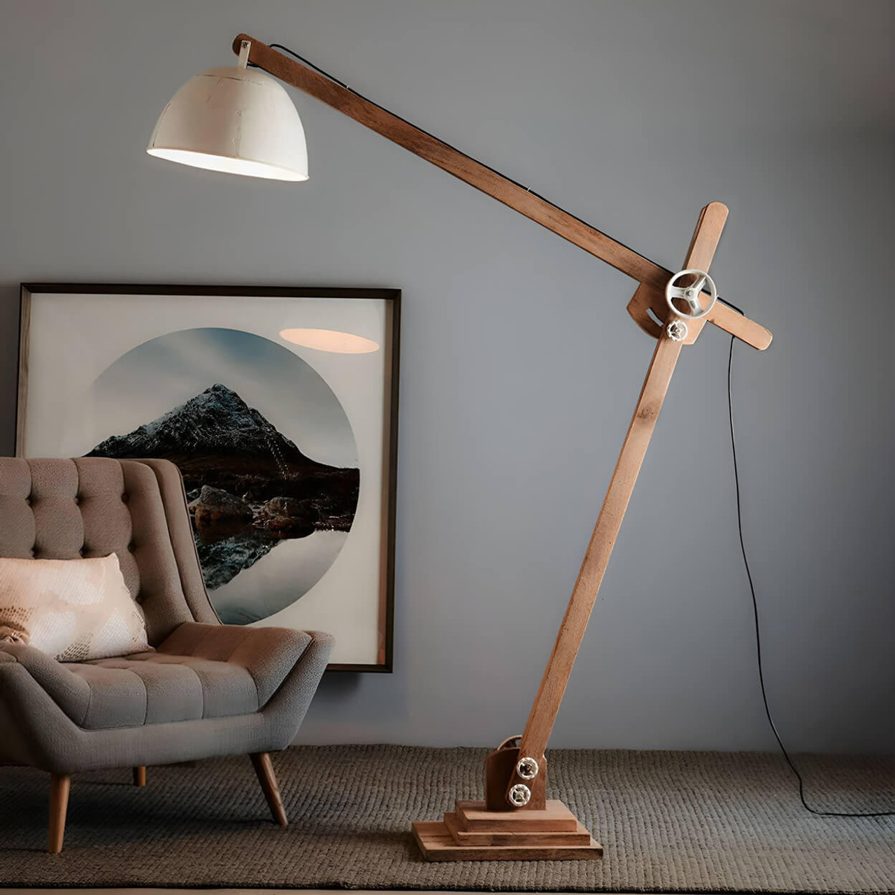  Emac & Lawton Archie Natural Wood White Iron Floor Lamp 