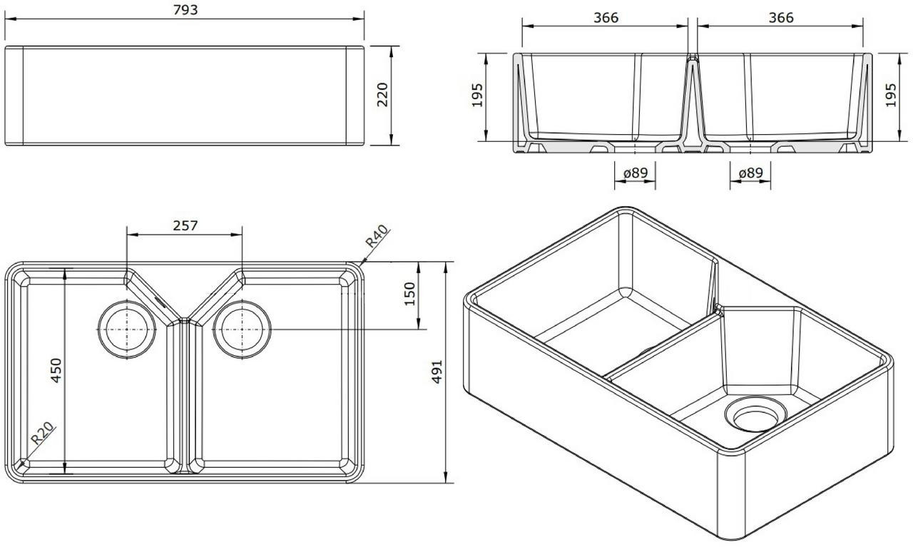 Turner & Hastings Turner Hastings Chester 80 x 50 Double Fine Fireclay Butler Sink 0TH 7408