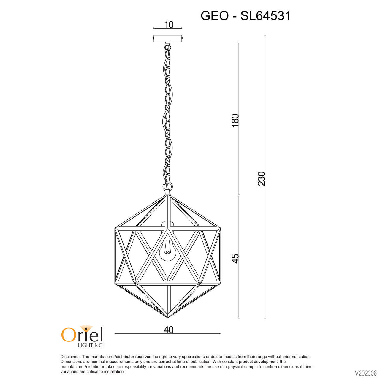 Oriel Stylux GEO 1 Geometric Single Pendant Matt Black SL64531BK