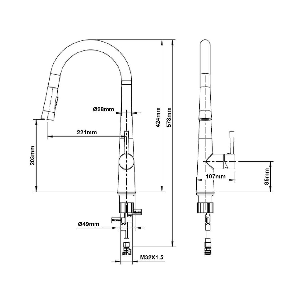  Enhance Nobel Plus Pull Down Sink Mixer Pin Lever Chrome 