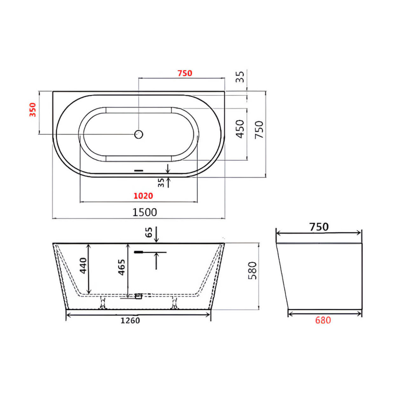 Roma Princess Back to Wall Freestanding Bath Tub 1500mm 