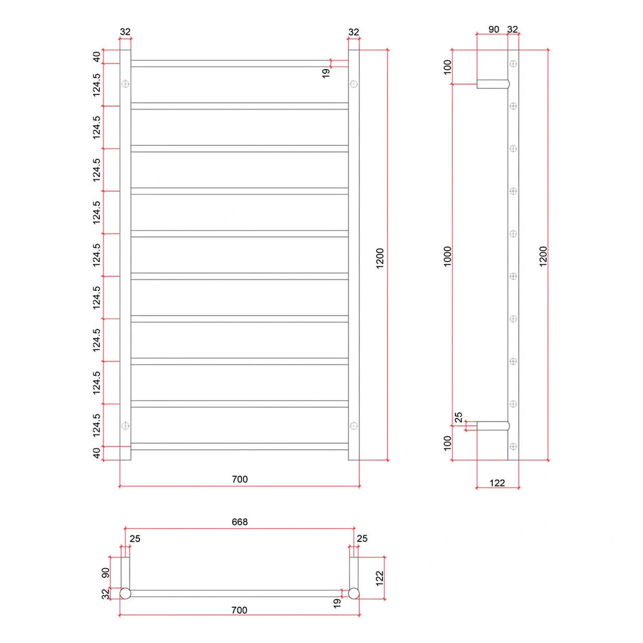 thermorail 10 bar matt black straight round heated towel rail