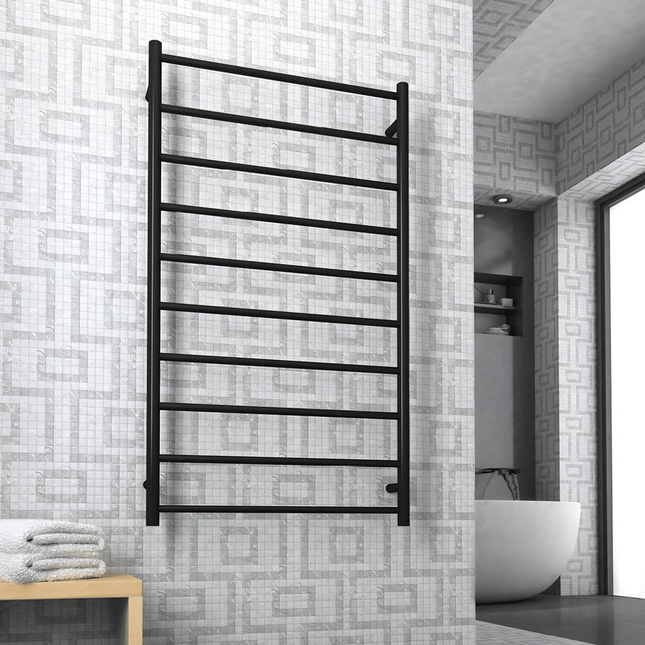 thermorail 10 bar matt black straight round heated towel rail