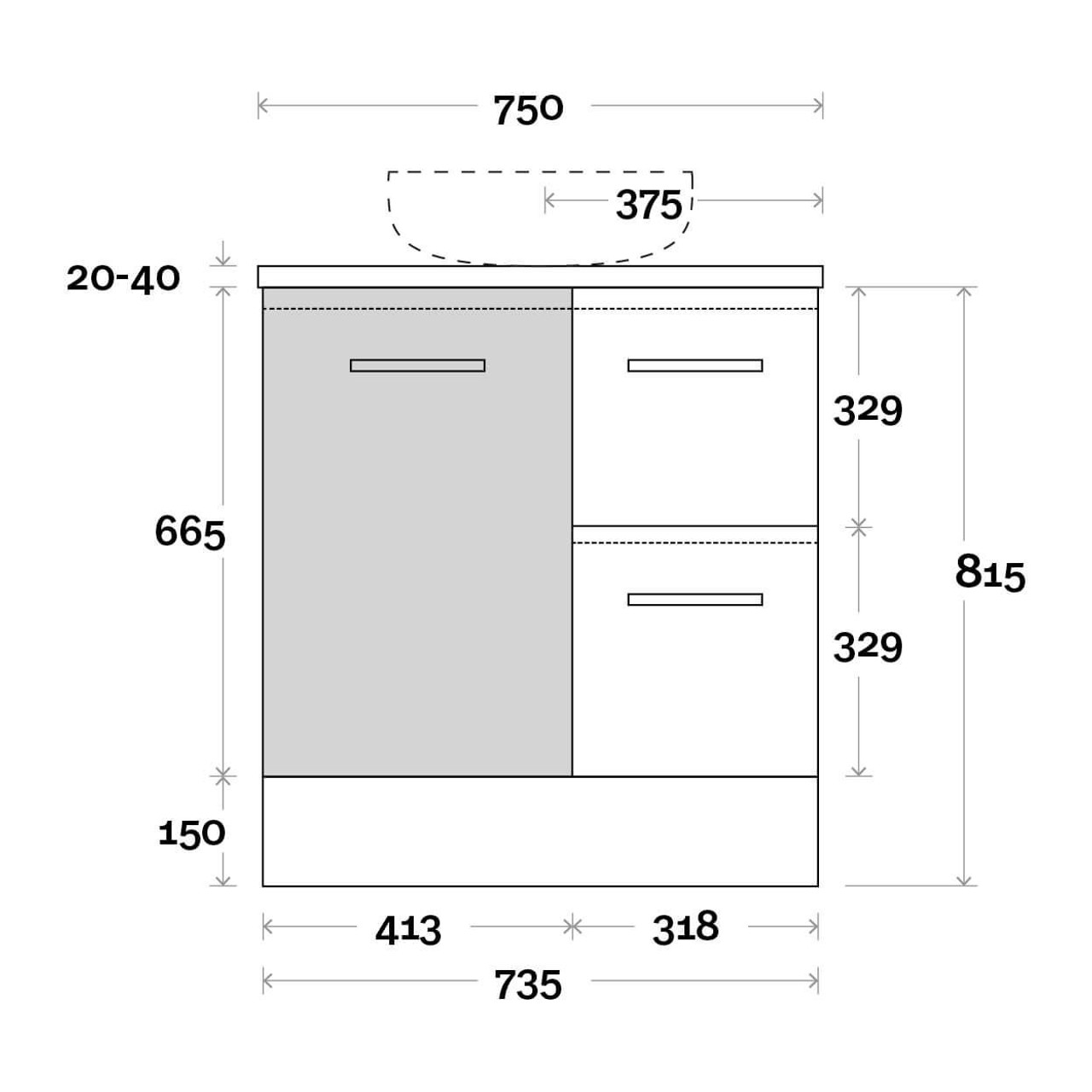  Marquis Marq 2 750mm Kick 1 Door 2 Right Hand Drawers Vanity 