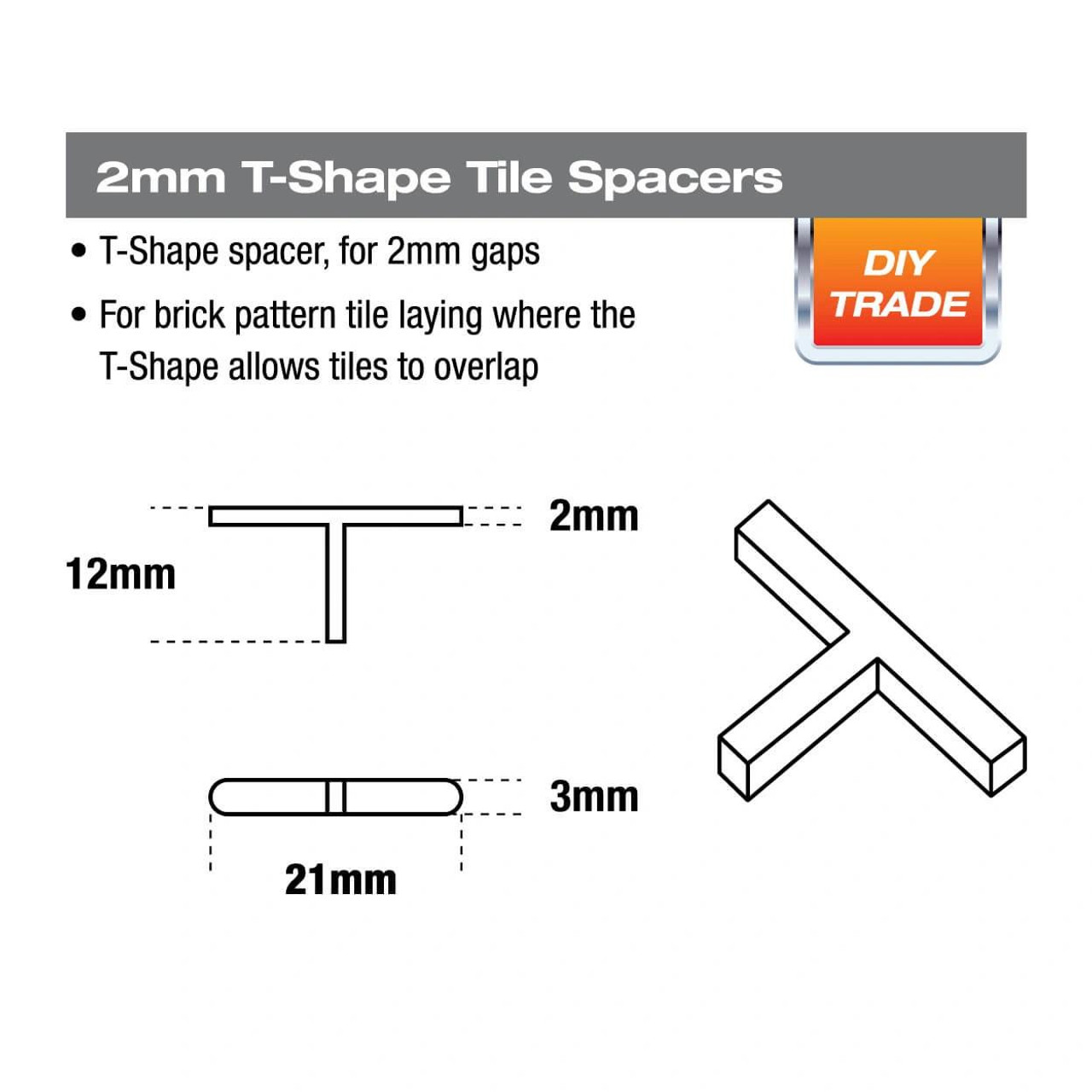  DTA Professional 2mm T-Shape Spacers - Standard Offset Tile Positioning System 
