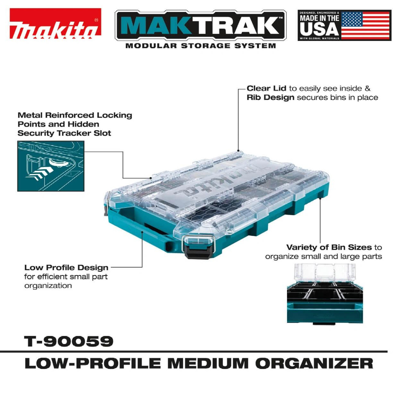  Makita MAKTRAK™ Low Profile Medium Organiser T-90059 - Compact Modular Storage with Clear Lid 