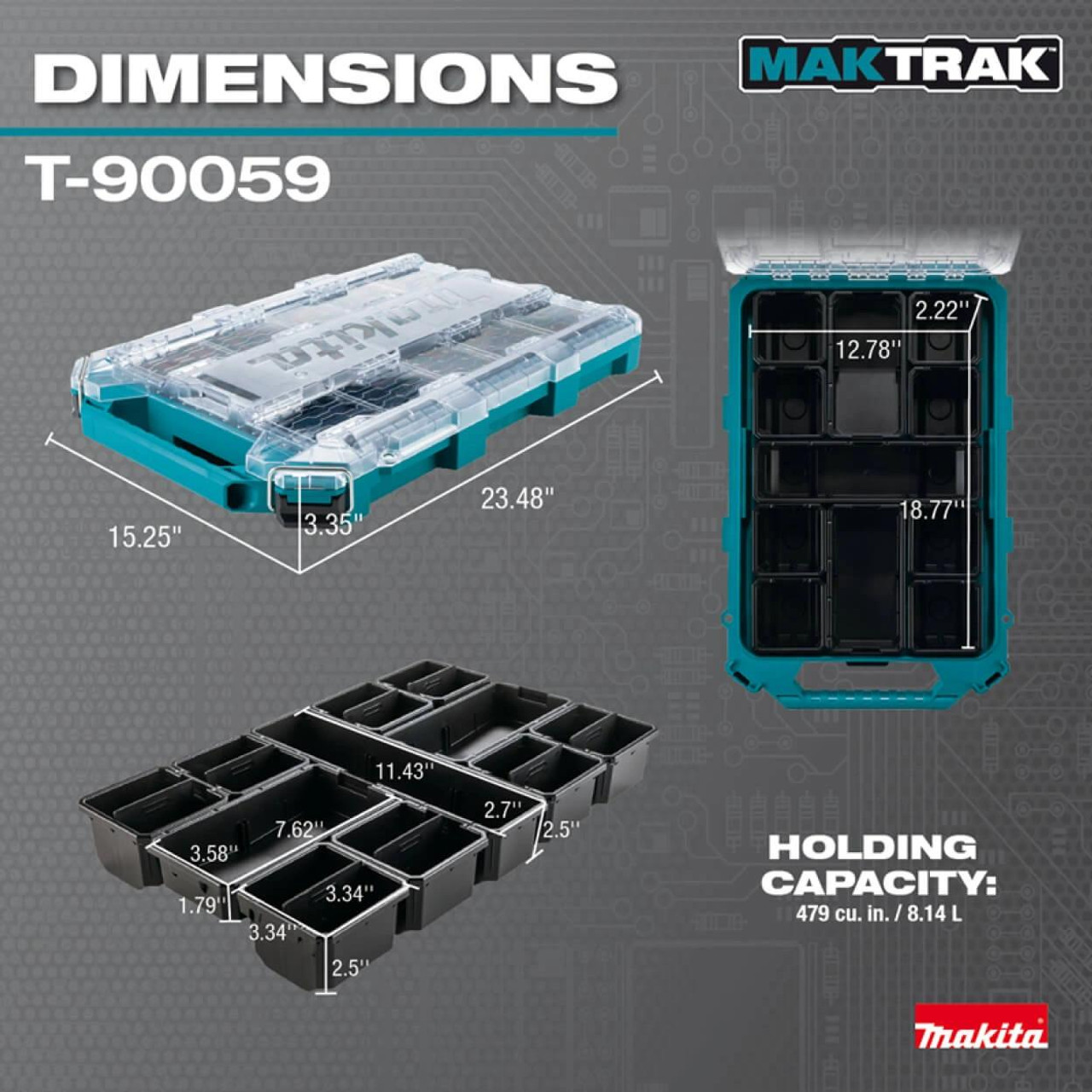  Makita MAKTRAK™ Low Profile Medium Organiser T-90059 - Compact Modular Storage with Clear Lid 
