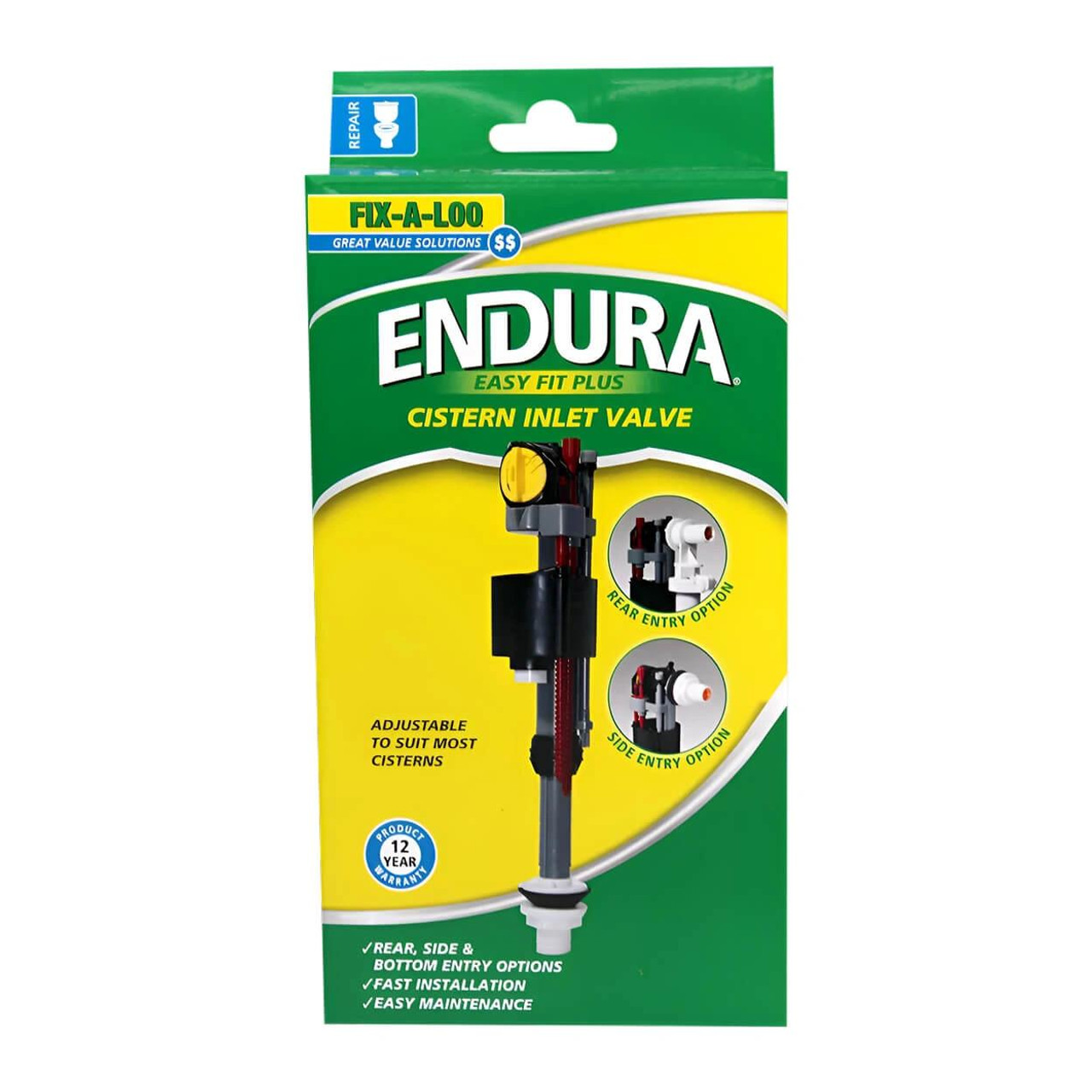 Fix-A-Tap Fix-A-Loo Endura Easy Fit Plus Inlet Valve | Universal Bottom, Side & Rear Entry Cistern Valve 